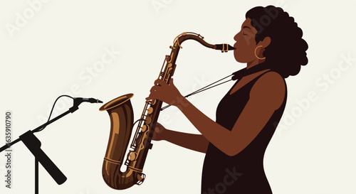 Lady playing a shining saxaphone. A microphone is on the left. Solid background