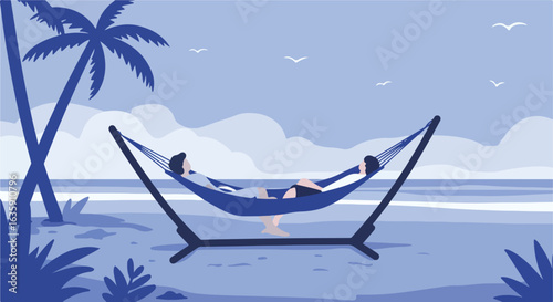 Person relaxing in a hammock. Blue hues create peaceful vibe with palm trees