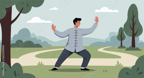 Man practices martial arts form in peaceful, green park, wearing a traditional uniform