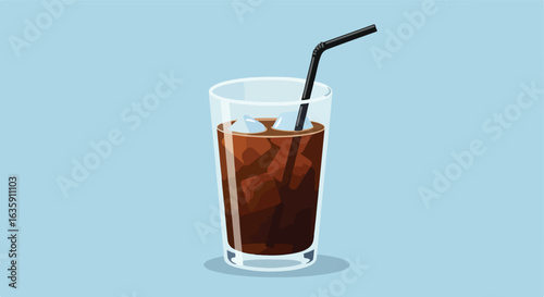 Cold refreshment Iced coffee with ice cubes in a glass and black straw on light blue
