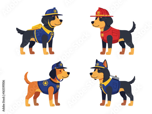Dog Heroes in Action: Courageous dogs stand ready, dressed in uniforms, symbolizing bravery and service. Each dog represents a different profession, embodies heroic determination.