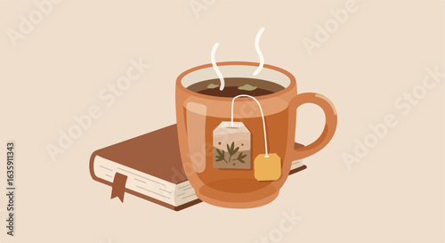 Book and a cup of tea with a teabag create a cozy and relaxing setting