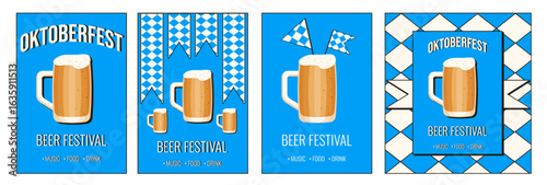 Oktoberfest vector poster cover set. Vector illustration of glass of beer with foam and fest ribbons. Perfect beer festival business banner card flyer cover collection. EPS 10