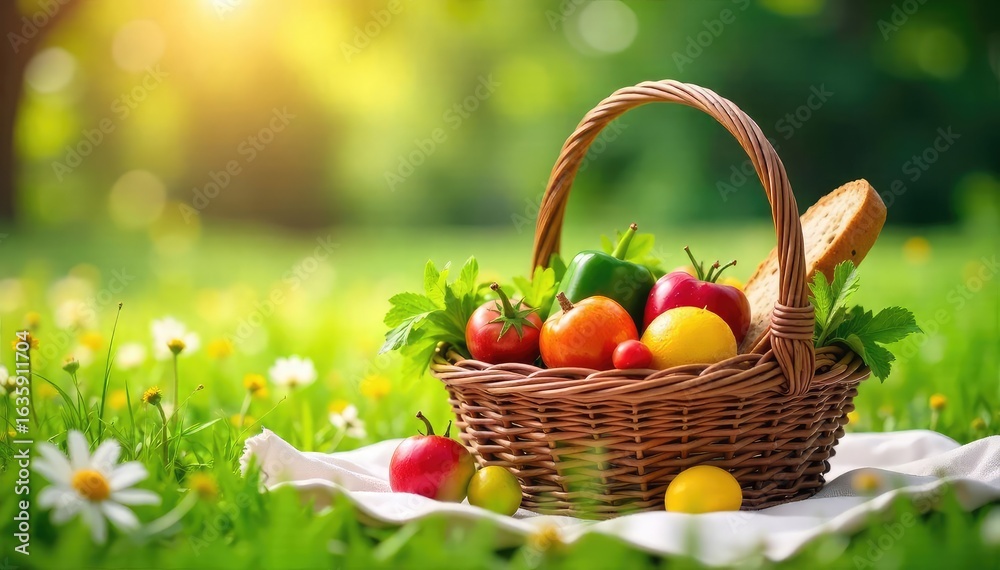 Sun-Drenched Picnic Basket Overflowing with Fresh Fruit, Vegetables, and Bread in a Wildflower Meadow ? Idyllic Outdoor Meal Sun-Drenched Picnic Basket Overflowing with Fresh Fruit, Vegetables, and Bread in a Wildflower Meadow ? Idyllic Outdoor Meal