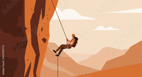 Climber rappelling down the side of a cliff using a rope with mountains in the background