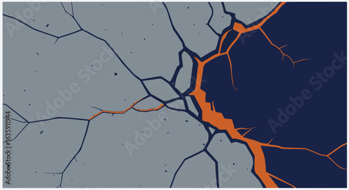 Wall graphic Cracks split gray and dark surfaces. Orange lines highlight divisions