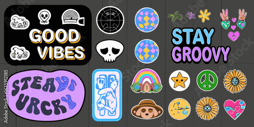 Collection of groovy and good vibes stickers with retro and psychedelic elements
