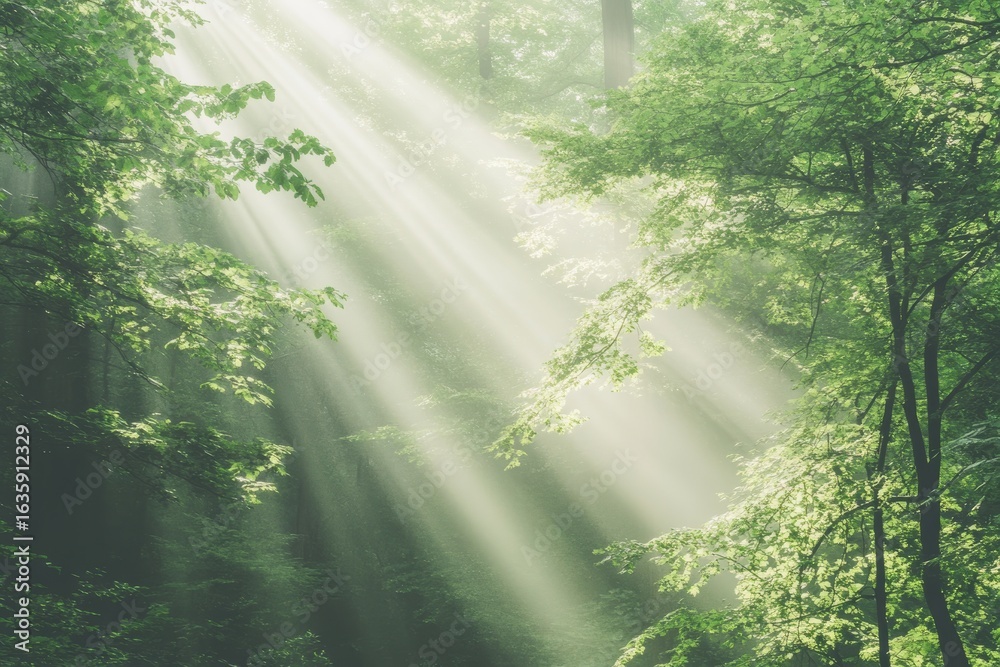 Obraz premium Morning Sunlight Filtering Through Lush Green Forest Canopy