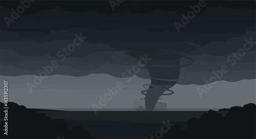 Dark stormy sky with a tornado touching down on a flat landscape