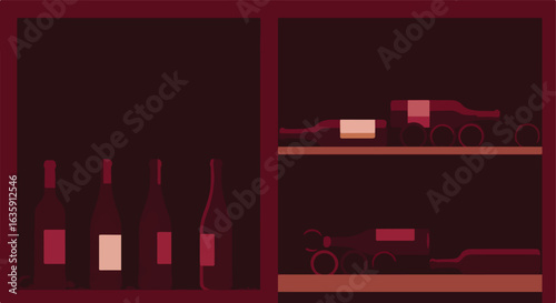 Red bottles neatly arranged in a dark wine cabinet, some laying down on shelves
