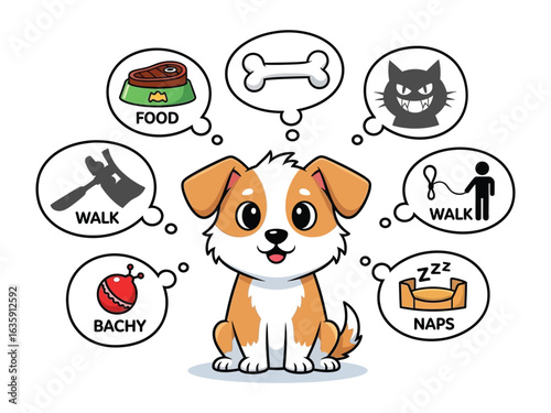 A Pup's Delightful Daydream: A cute dog with bright eyes, imagining its favorite things: food, a bone, a cat, a walk, a ball, naps. A playful and colorful illustration of a puppy's simple joys.