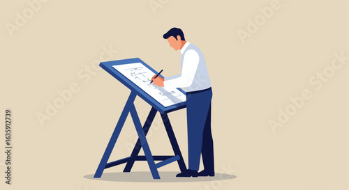 Person drafting plans on a drawing board. Standing facing the board and drawing
