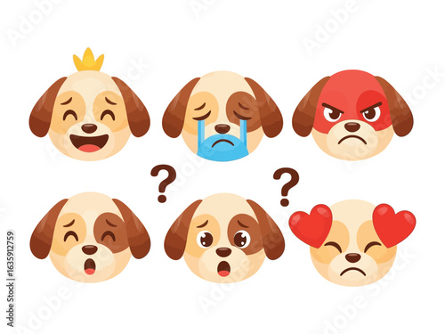 Dog's Expressive Emotions: A charming array of dog-themed emojis captures a spectrum of sentiments, conveying a range of feelings in a lighthearted and engaging visual display.