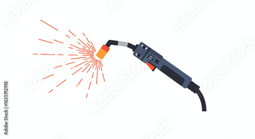 Cartoon depiction of a welding torch with sparks, handle, and nozzle detail