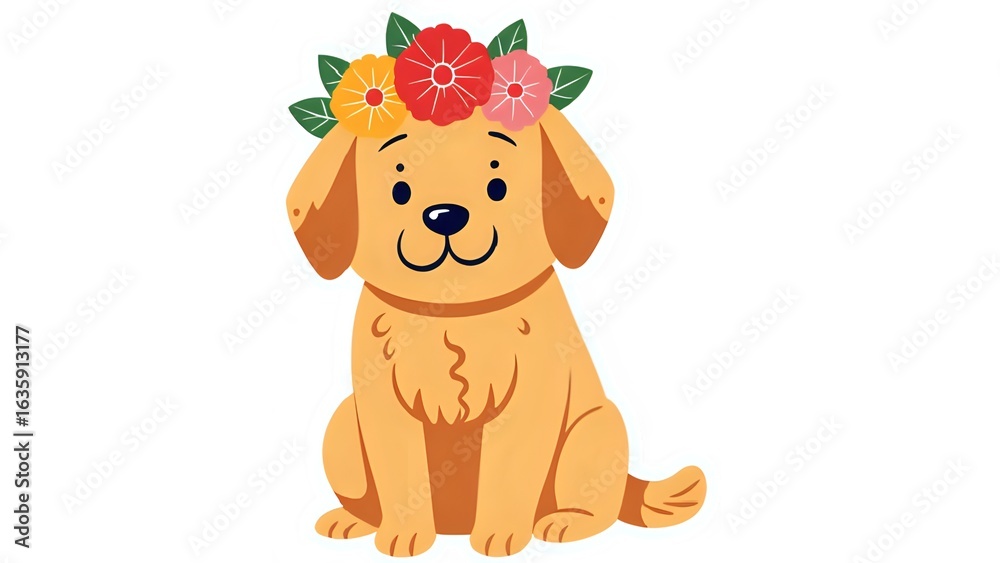 Fototapeta premium Golden Retriever puppy wearing a flower crown, perfect for stickers. Background, wallpaper, graphics 