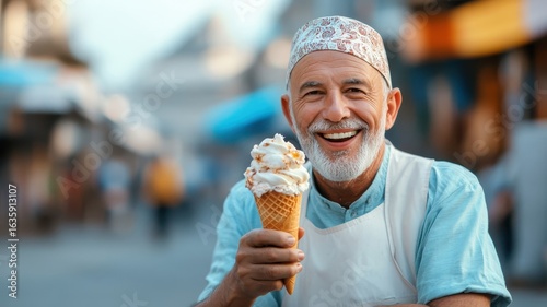 A Muslim man indulging in a delicious ice cream cone at a bustling food market.