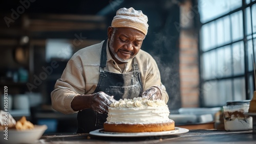 An African man enjoying a classic vanilla cake in a cozy, intimate gathering.