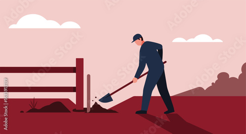 Worker digging fence