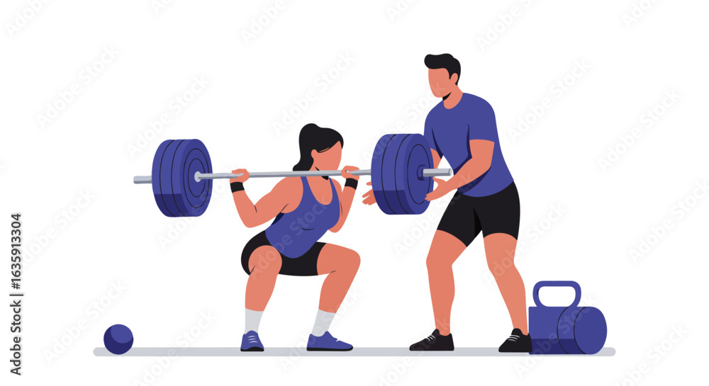 Obraz premium Person squats with assistance. Weights, bag, ball nearby for full workout plan