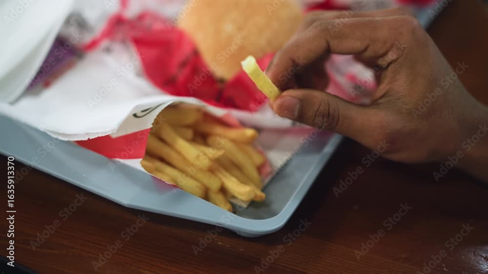 Close view of hand picking french fries from paper tray, golden crispy pieces with slight grease sheen, fingers grasping one fry, soft background blur emphasizing texture and appetite Close view of hand picking french fries from paper tray, golden crispy pieces with slight grease sheen, fingers grasping one fry, soft background blur emphasizing texture and appetite
