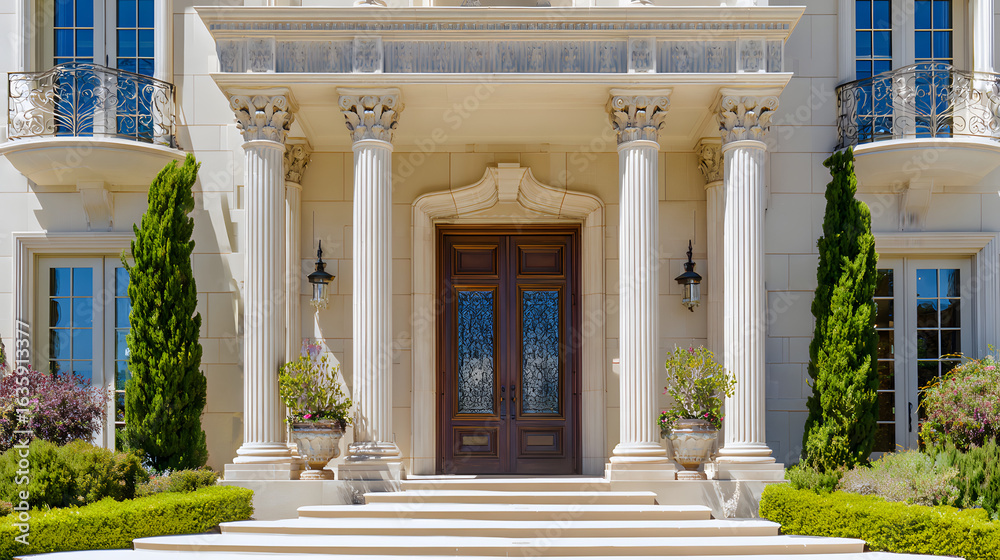 Fototapeta premium An elegant residence with classical columns, framed by blue skies and lush greenery.