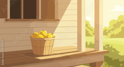 Fruits abound inside a basket on the house's porch in the summer sunlight