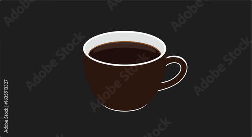 Dark brew fills a mug with a white handle and trim on a black background