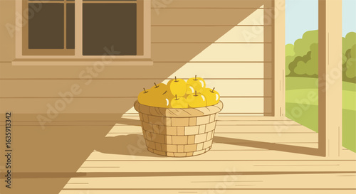 Cartoon basket of yellow fruit on porch, window and outside trees in the background