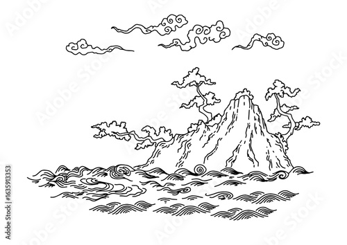 Design Outline Landscape Chinese Mountain Illustration