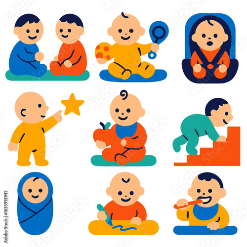 Baby Milestone Icons. Flat vector icons of parenting and baby milestones: baby’s first playdate, baby exploring sensory toys,