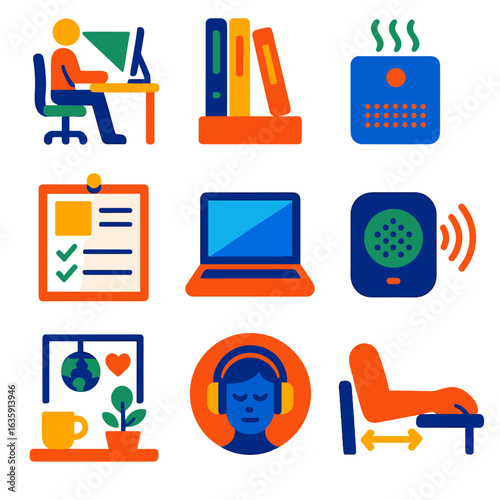 Home Office Ergonomics Icons. Flat vector icons of home office ergonomics and setup: ergonomic zone overlay on desk, vertical