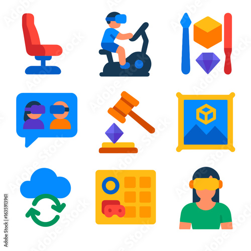 Vibrant VR Icon Set. Flat vector icons of virtual reality and metaverse items: virtual gaming chair, VR-based fitness equipment,