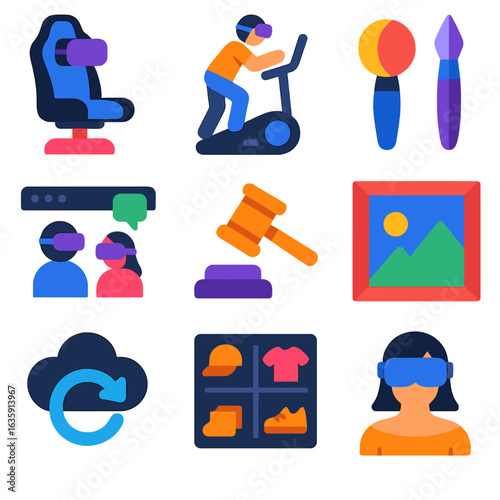 Vibrant VR Icon Set. Flat vector icons of virtual reality and metaverse items: virtual gaming chair, VR-based fitness equipment,