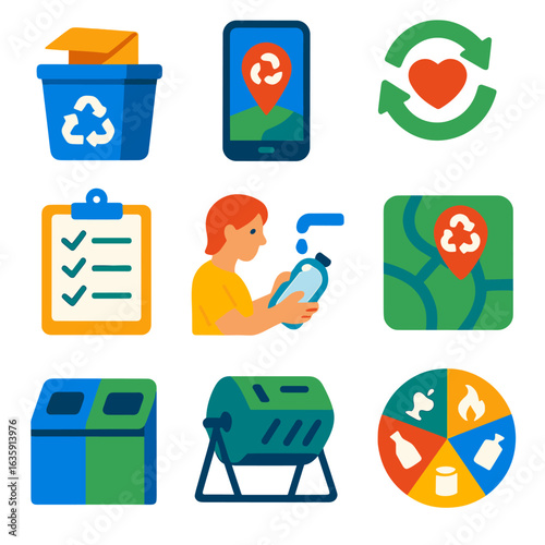 Modern Recycling Icons. Flat vector icons of waste sorting and recycling systems: cardboard next to paper bin, smart app for