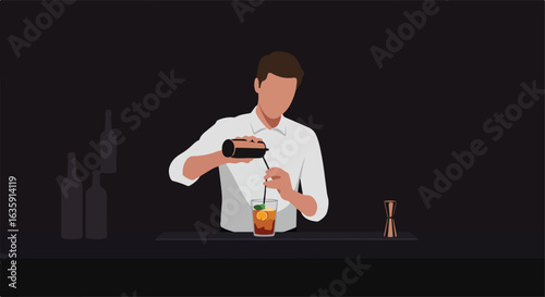 A bartender makes a drink, pouring a black liquid into a glass with fruit on black