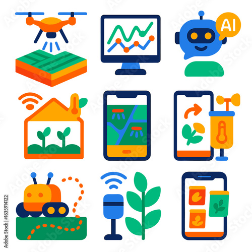 Smart Agriculture Icons. Flat vector icons of smart agriculture and drone farming: drone field scan with 3D map icon, predictive