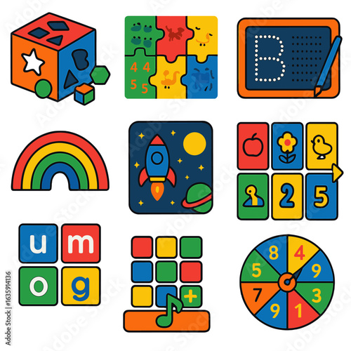 Educational Kids Icons. Flat vector icons of kids learning and educational games: shape-sorting cube with cutouts, counting puzzle