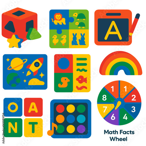 Educational Kids Icons. Flat vector icons of kids learning and educational games: shape-sorting cube with cutouts, counting puzzle