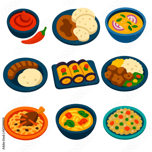 World Cuisine Icons. Flat vector icons of international cuisine and world foods: Tunisian harissa spice bowl, Czech dumplings with