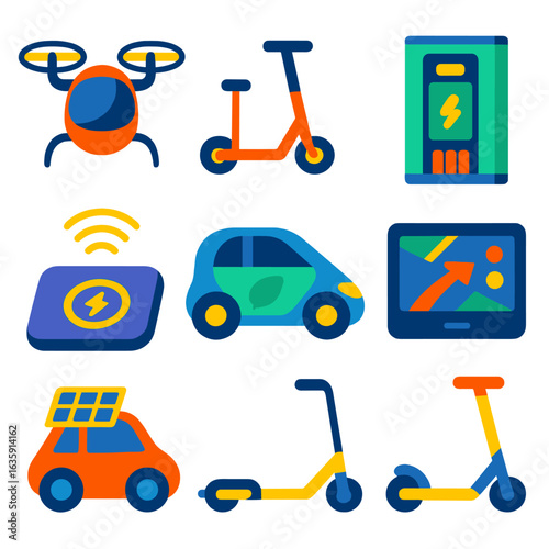 Futuristic Mobility Icons. Flat vector icons of future mobility: personal drone with rotors, shared electric scooter dock, battery