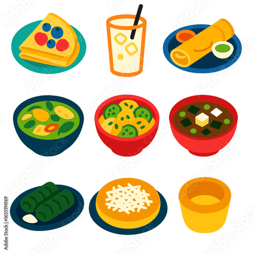Global Cuisine Icons. Flat vector icons of international cuisine and world foods: French crêpes with berries, Mexican horchata