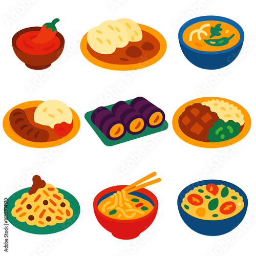World Cuisine Icons. Flat vector icons of international cuisine and world foods: Tunisian harissa spice bowl, Czech dumplings with