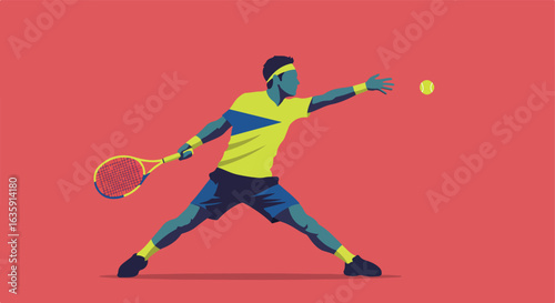 Illustrated athlete poised to strike tennis ball with racquet on a red background