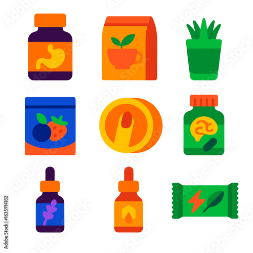 Vibrant Health Icons. Flat vector icons of health supplements and natural remedies: digestive support enzymes bottle,