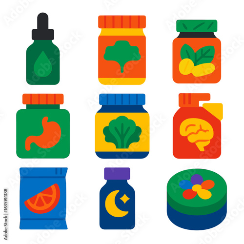 Colorful Supplement Icons. Flat vector icons of health supplements and natural remedies: chlorophyll drops bottle, ginkgo biloba