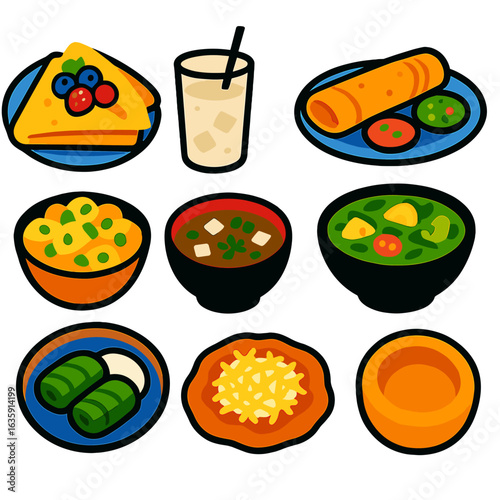 Global Cuisine Icons. Flat vector icons of international cuisine and world foods: French crêpes with berries, Mexican horchata