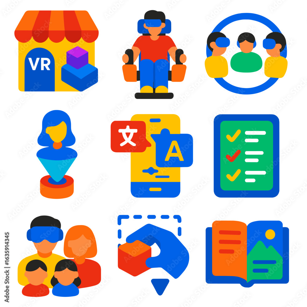 Fototapeta premium Virtual Reality Icons. Flat vector icons of virtual reality and metaverse items: metaverse rental hub, haptic chair system, VR