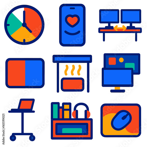 Ergonomic Office Icons. Flat vector icons of home office ergonomics and setup: wall clock with productivity time blocks, wellness