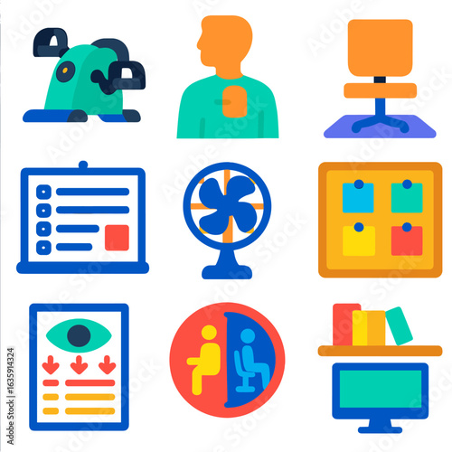 Home Office Ergonomics Icons. Flat vector icons of home office ergonomics and setup: desk bike pedal, posture feedback sensor,