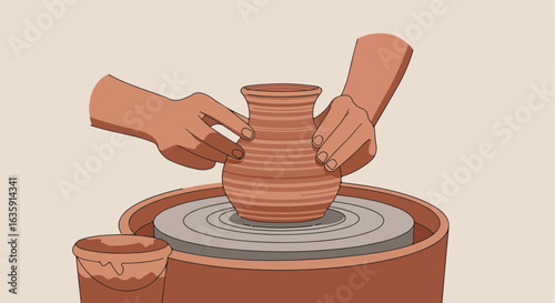 A potter shapes a clay vase on a wheel, with a water basin nearby for the artist